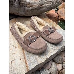 UGG Ansley Crystal Bow Suede Slippers Taupe Moccasins 1014448 Womens 9